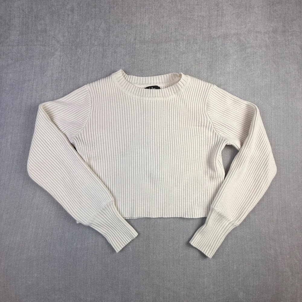 Lulus Cream Ribbed Knit Cropped Sweater Long Sleeve Thumbhole Cuffs Small